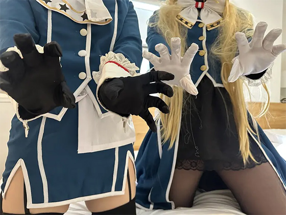 人気レイヤー！素人コスプレ手コキ！愛◯×高◯　両サイドからの手袋手コキ！！ 